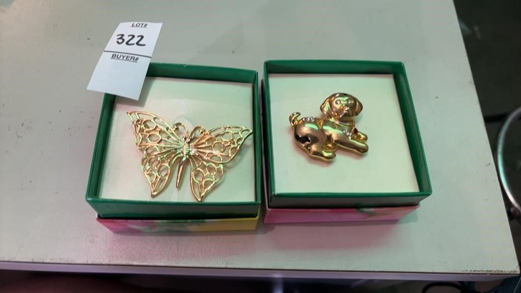 NIB Gold Tone Brooches Butterfly and Dog
