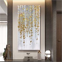 24x48 Inch Painting, Silver/Gold Flowers