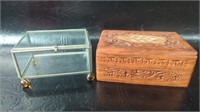 Small Glass Display Box & Carved Wood Jewelry Box