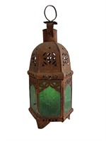 Moroccan Style Tin Lantern w/ Textured Green Glass