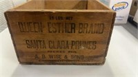 Antique Queen Esther brand prunes wood crate