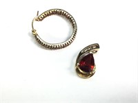 10K Gold, Garnet & Diamond Pendant w/ Hoop Earring