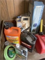 Plastic gas can, oil, weedeater string, air pump,