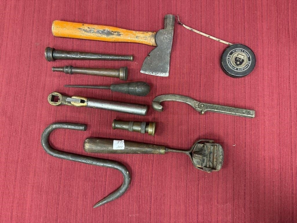 Hand plane, hatchet and additional hand tools.