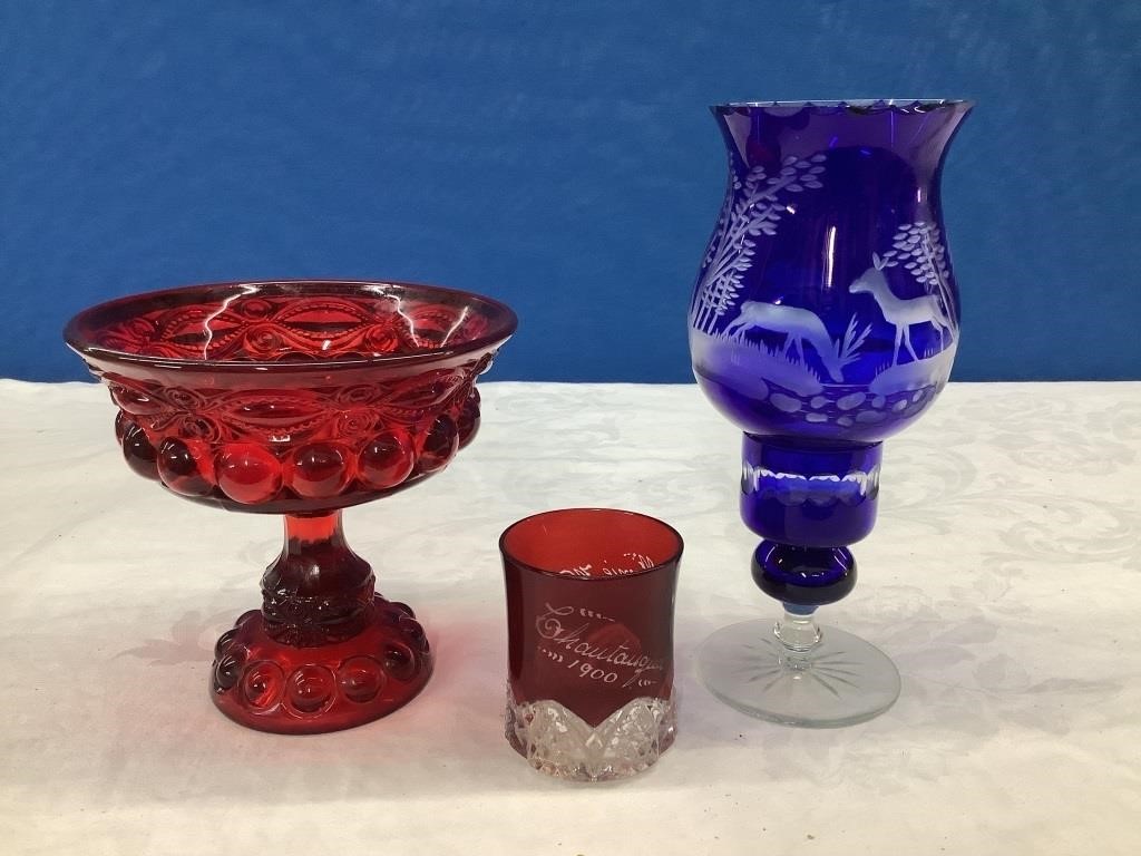 3 Pieces Glassware Ruby Red Compote Flash Tumbler