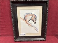 Watercolor, Artist Signed Framed Art, Horse Head,