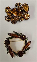 (2) Mid Century Austrian Amber Crystal Pins