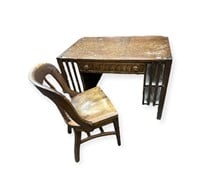 Oak Desk and chair; bookshelves on each end,