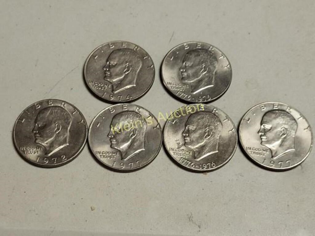 6 ike Eisenhower dollar coins 72, 74,76, 77!