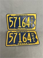 Matched Pair of 1962 PA Motorcycle License Plates