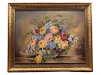 Framed Still Life Flower Bowl Oil Painting