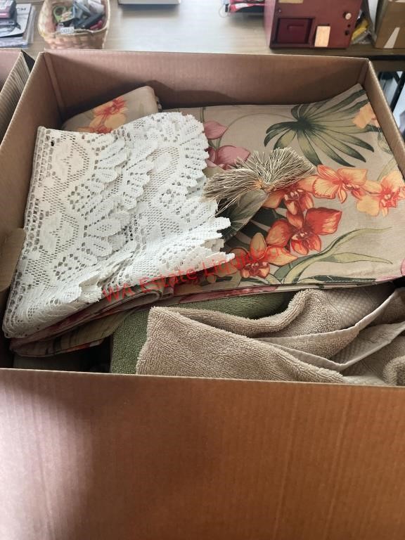 Towels linens and Pillow Box Lot  (dining room)