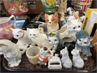 Cat Planters with Porcelain Figurines