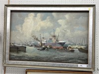 Framed OIl On Canvas of Harbor