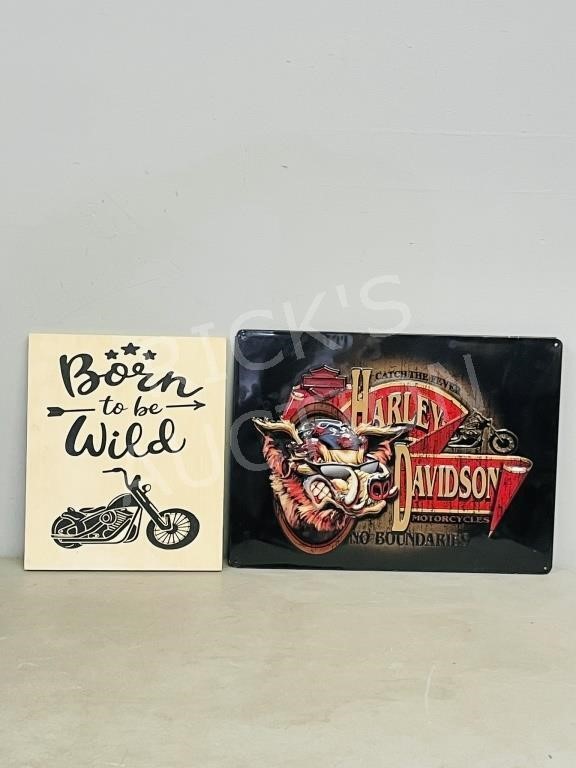 pair of motorcycle signs - 1 wood & 1 tin