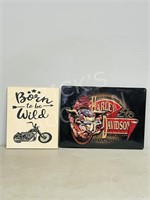 pair of motorcycle signs - 1 wood & 1 tin