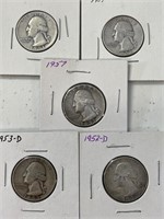 5 Different Date Washington Silver Quarters