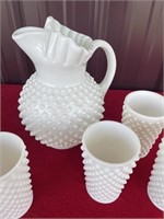 Fenton White hobnail water pitcher and 6 glasses