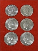1961 Franklin Half dollars, total of 6 coins