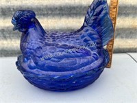 Cobalt glass hen on nest dish with lid