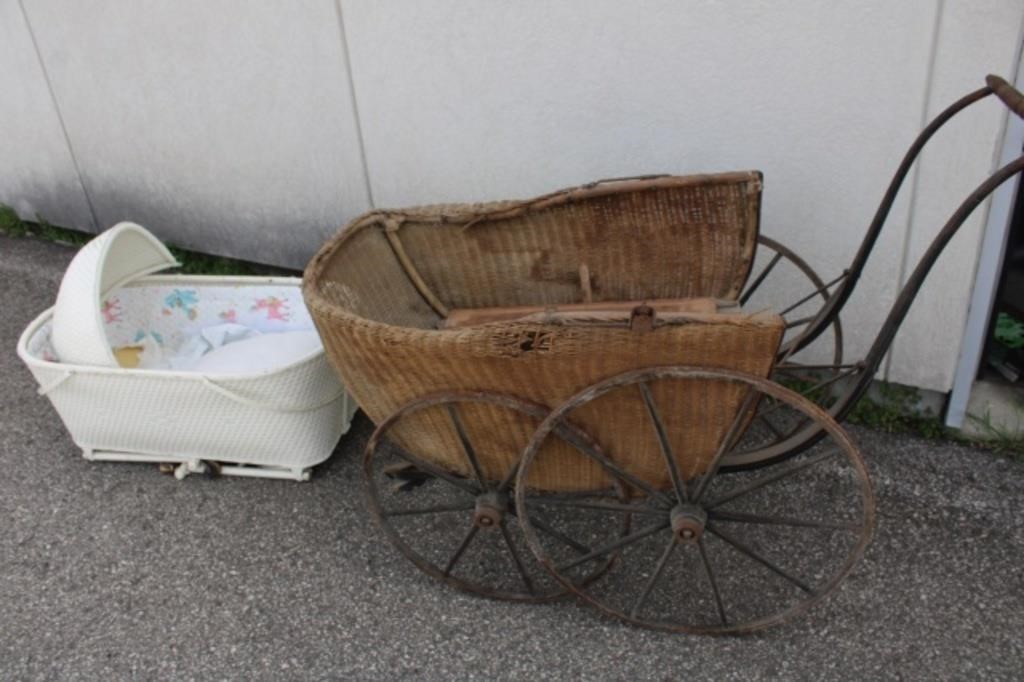 Antique Pram with Wooden Wheels & Basinet