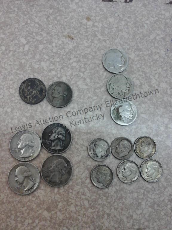 4 silver quarters
4 silver Jefferson dimes
3