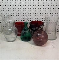 Group of Vases & Red Glass Ice Bucket