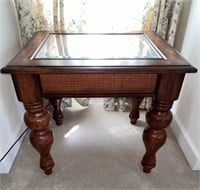 Vintage Wood & Cane Glass Top End Table