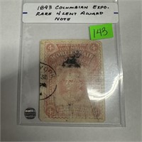 1893 COLUMBIAN EXPO 4 CENT AWARD CURRENCY NOTE