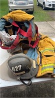 Fire helmet and turn out gear, jacket, boots,