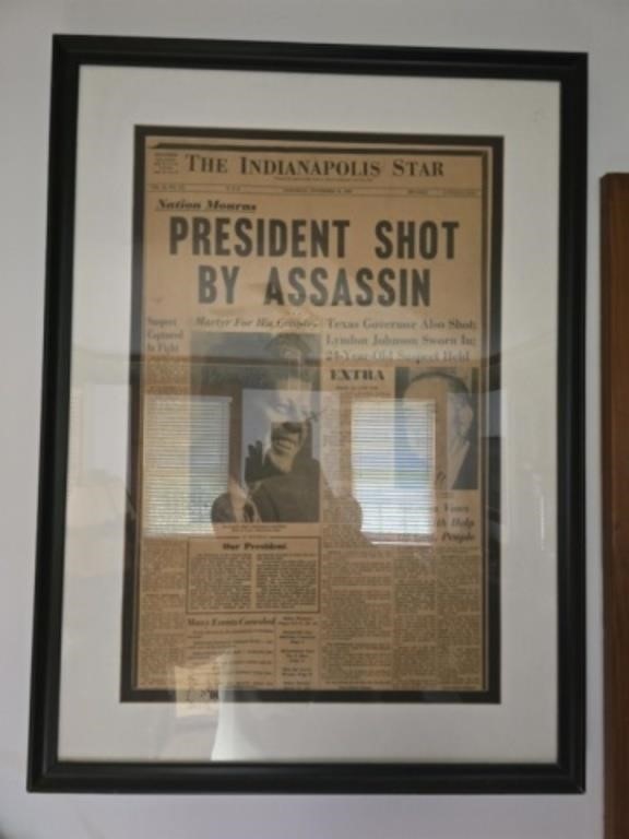 Framed 1963 JFK death newspaper