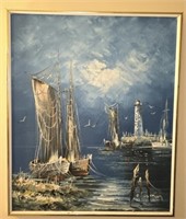 Signed L Lindstom Painting on Canvas of Sailboats