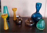 7 Coloured Art Glass Vases