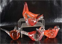 Five Red Bird Glass Paperweights