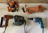 Stapler, jig saw, router saw, drill, extend cord
