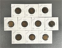 Ten Various Dates Indian Head Cents