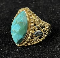 .925 Silver Gold-Toned Turquoise Ring 9.5