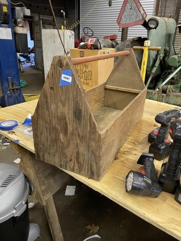 large wooden tool box 31.5 x 13w x 18 tall