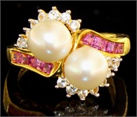 Elegant Double Pearl & Pink Sapphire Ring