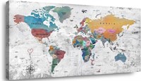 WOOD FRAMED MAP OF THE WORLD WITH COLOUR CODED