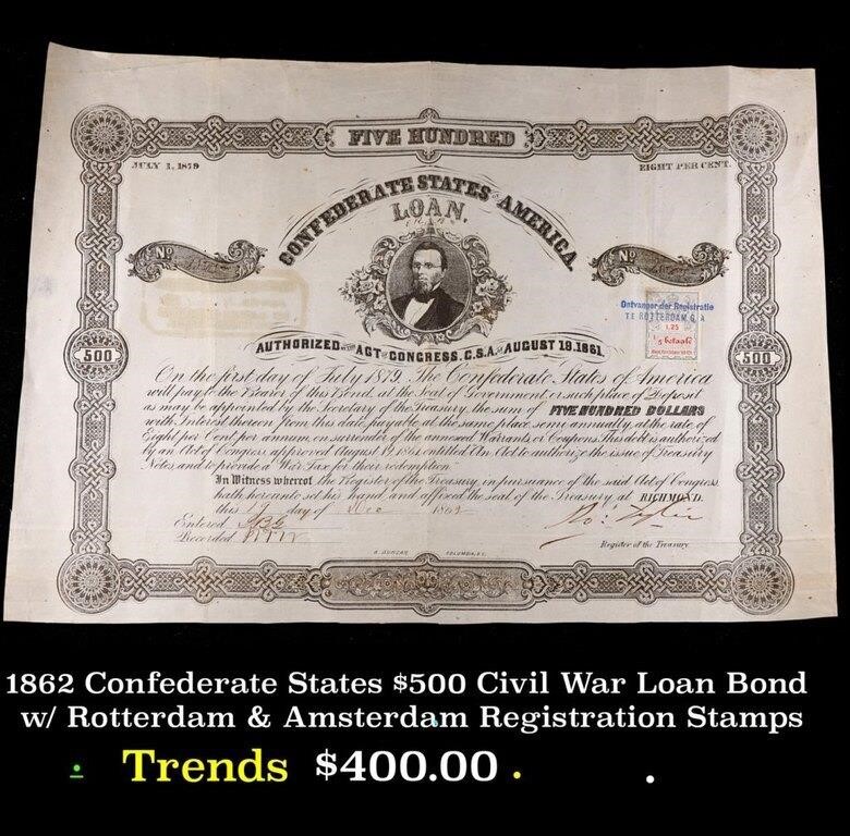 1862 Confederate States $500 Civil War Loan Bond w