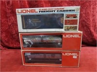 (3)New Lionel Box cars, tank car.