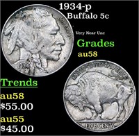 1934-p Buffalo Nickel 5c Grades Choice AU/BU Slide
