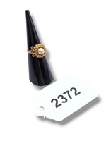 14K Gold Diamond Halo Pearl Ring SZ 4 3/4