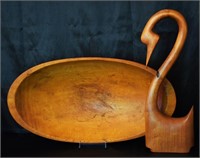 Antique Wood Dough Bowl & Carved Woood Swan