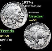 1937-s Buffalo Nickel 5c Grades Choice AU/BU Slide