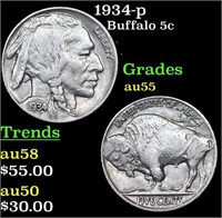 1934-p Buffalo Nickel 5c Grades Choice AU