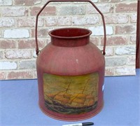 VINTAGE METAL CAN WITH SHIP PAINTED ON SIDE
