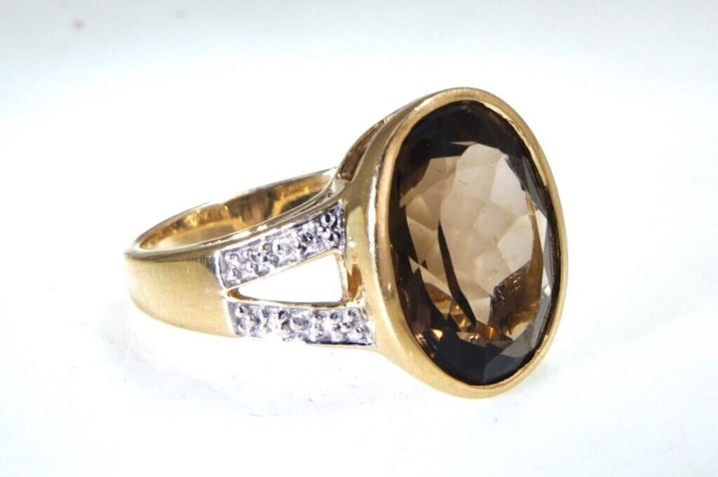 Vintage 14kt Gold Smokey Topaz and diamond ring