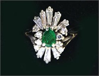 14kt Gold Emerald & diamond sunburst ring